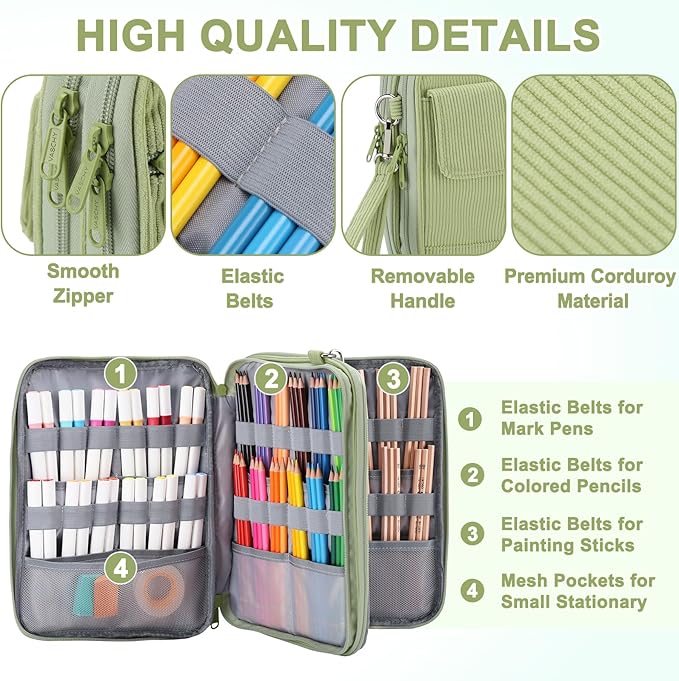 VASCHY Colored Pencil Case, Corduroy Large Pencil Pouch for Art Pens Markers Gel Pens Big Holder Organizer Fits 192 Pencils for Girls Women Light Green