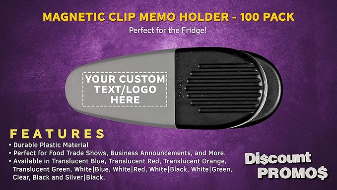 100 Magnetic Memo Holders Set - Customizable Text, Logo - Large Clip, Plastic - Silver Black