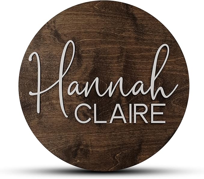 Custom Round Nursery Name Sign, Personalized Wooden Wall Plaque, 12" 18" 24" 30" 3D Wall Art for Children & Kids Rooms, Baby Shower, Hickory Hollow Designs (Hannah Claire)