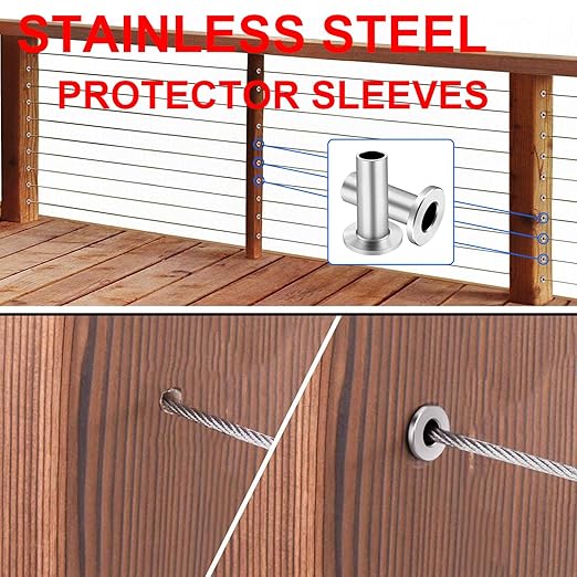 BLIKA 100 Pack Stainless Steel Protector Sleeves for 1/8" 5/32" or 3/16" Deck Cable Railing, for Wood/Composite Posts, T316 Marine Grade, Cable Railing Protector Sleeves