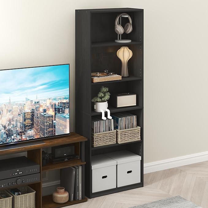 Furinno GEHRY DVD Shelf, 5-Tier CD Rack, Media Shelf with Adjustable Shelves, DVD Storage Cabinets for CD Blueray Game Disc, Easy Assembly, for Living Room, Home Office, Blackwood
