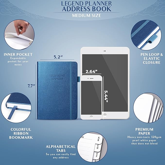 Legend Planner Address Book with Alphabetical Tabs –Telephone Contacts Book for Phone Numbers, Addresses, Passwords, Medium (Mystic Blue)