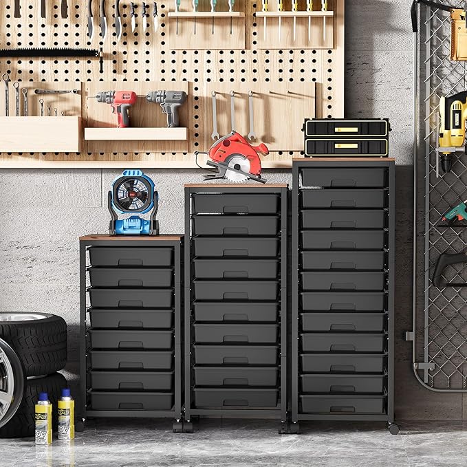 SYKIARIOL Rolling Cart with Drawers,12 Drawer Rolling Cart,Rolling storage cart with drawers,Black Rolling Drawer Cart,Teacher Rolling Cart for Classroom Storage,Craft Cart with Wooden Tabletop
