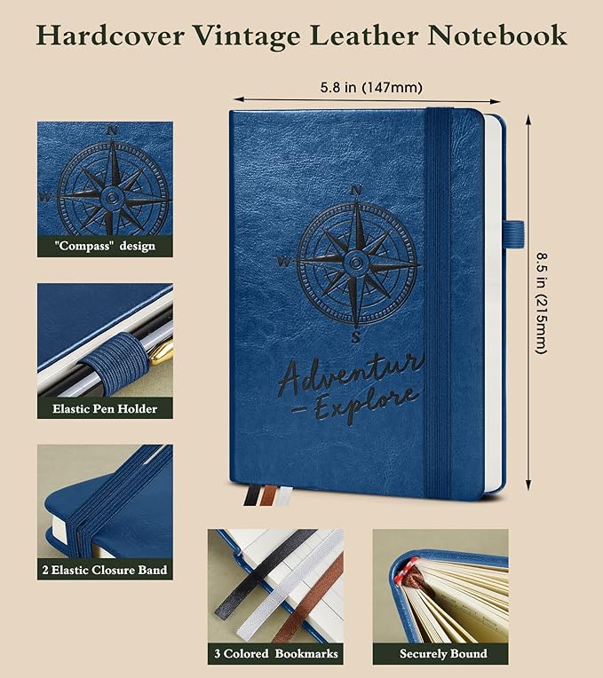 PAIBAS Lined Journal Notebook for Women Men, 160 Pages, A5 Hardcover Vintage Leather Journaling Notebooks for Work, School, Note Taking, Travel, Bible Study, Daily Diary for Writing 5.8"x8.5" (Navy)