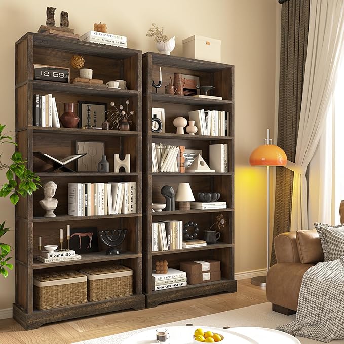 TVU 6-Tier Wooden Book Shelf, Floor-Standing Display Bookcase, 77.2" H x 31.5" W x 11" D Bookshelf, Farmhouse Style Book Case with Arched Base, Suitable for Living Room, Study, Office, Rustic Brown