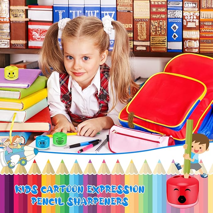 Crtiin 48 Pcs Back to School Pencil Sharpeners for Kids Cartoon Smile Small Pencil Sharpener Handheld Manual Dual Holes Gifts for School Office Art Room