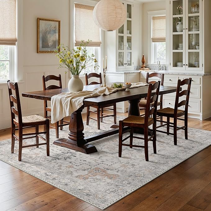 GENIMO 5x8 Area Rugs for Living Room, Machine Washable Low Pile Rugs, Chenille Non Slip Vintage Rug for Bedroom, Dining Room, Home Office, Light Taupe Brown