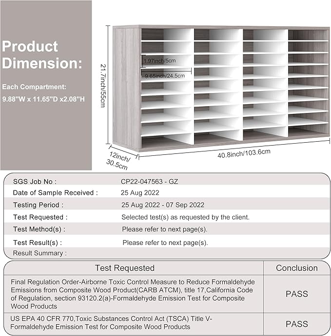 EasyPAG Wooden Literature Organizer with Adjustable Shelves, 36 Compartments Office Paper Organizer Storage 18000 Sheets Letter Size Paper, Student Mailbox for Classroom, Retro Gray/White