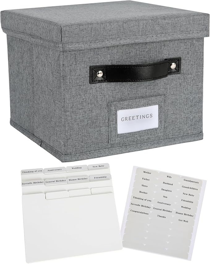 TARSUKA Greeting Card Organizer with dividers - Storage Box with lid Holds 150+ Cards - Assortment Box for Greeting Cards,Recipes, Photos, Envelopes, Keepsake - 9 x 9 x 7 Inches (Gray, 1 pcs)