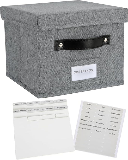 TARSUKA Greeting Card Organizer with dividers - Storage Box with lid Holds 150+ Cards - Assortment Box for Greeting Cards,Recipes, Photos, Envelopes, Keepsake - 9 x 9 x 7 Inches (Gray, 1 pcs)