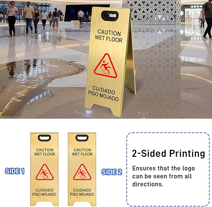 Kerty 4 Pack Stainless Steel Wet Floor Sign, 24 Inch Caution Wet Floor Sign Portable Foldable Bilingual Safety Warning for Hotel Market Restroom Restaurant Office (Gold)