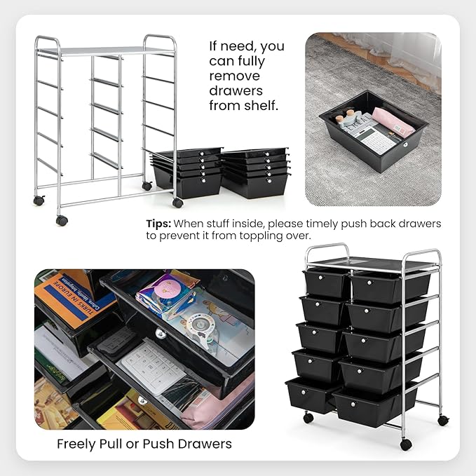 GLACER 10 Drawer Rolling Cart, Storage Cart with Lockable Whieels & Metal Frame, Trolley for Art Craft Oganizer, Mobile Utility Cart for Office, School, Classroom, Kitchen (Black)