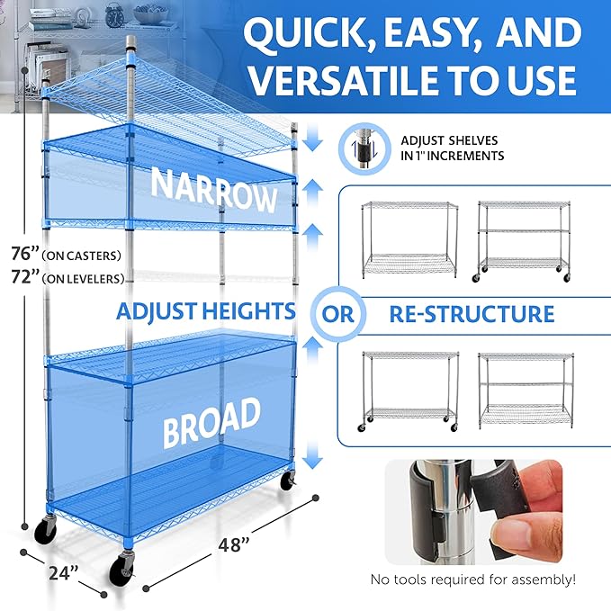 CRESCENT 48" W Storage Shelves 4000LBS Metal Shelving 5 Tier Wire Shelving Unit Garage Shelving Heavy Duty Metal Shelves for Storage Rack Commercial Adjustable Pantry Shelf, 48" W X 24'' D X 76" H