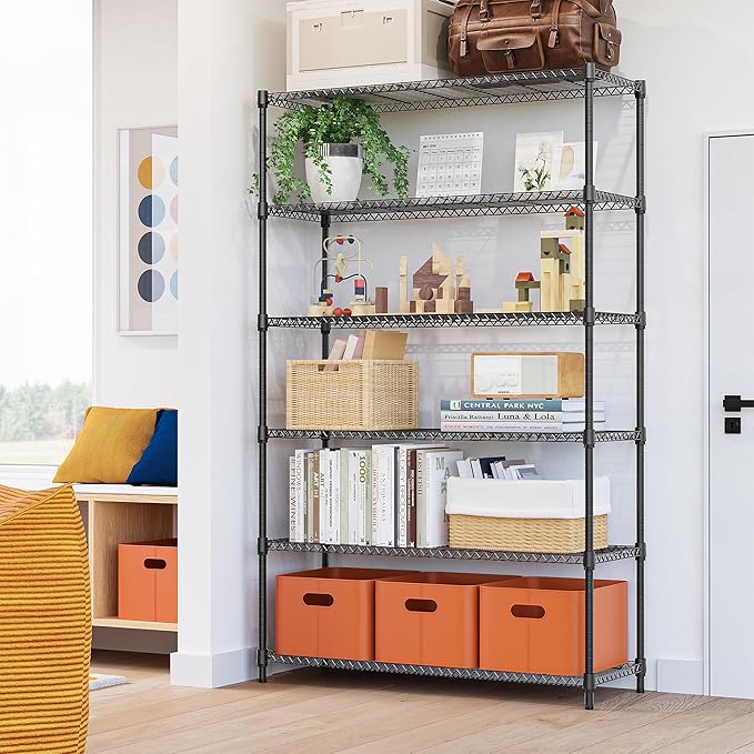 M MZG 6 Tiers Storage Shelves Load 2100LBS, Metal Shelving Wire Metal Shelving Unit Shelves for Storage Adjustable Garage Shelving for Pantry Kitchen Garage Black 17.7" D x 47.3" W x 82.4" H