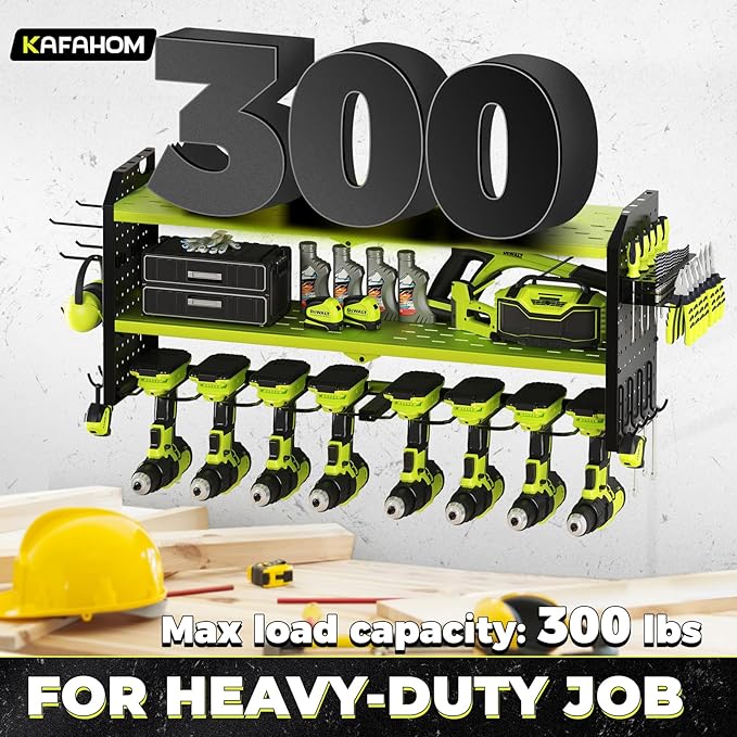 KAFAHOM Power Tool Organizer, Large 8 Drill Holder Wall Mount with 2 Side Pegboards, Heavy Duty Metal Tool Shelf with 12 Hooks, Storage Rack for Garage Organization, Utility Battery Shelves - Green