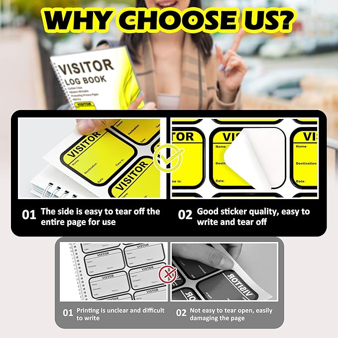1 Pack Visitor Badges with Carbon Copy Visitor Stickers Letter Size Visitor Log Book Protecting Privacy Pages Register Book Business Guest Name tag for School Clinics Church 450 Badges 60 Memo Pages