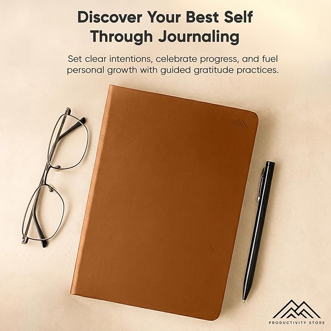 Gratitude & Self-Care Journal - Guided Mindfulness & Mental Health Journal All-in-One with Prompts for Self Discovery - Daily Journal for Men & Women by PRODUCTIVITY STORE (A5, Brown)