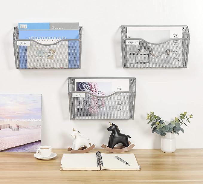 EasyPAG 6 Pack Wall File Organizer with Label Panel, Mesh Hanging File Folder Organizer for Letter/A4 Size Folders, Wall Mounted Vertical Mail Holder for Paperwork, Office, Home, School, Silver