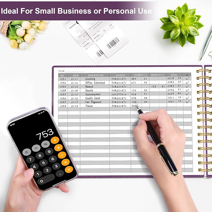 HAUTOCO Hardcover Accounting Ledger Book for Small Business Bookkeeping Horizontal Money Expense Tracker Notebook with 2 Storage Pouch, Personal Columnar Log Journal 10.78 x 8'', Deep Purple