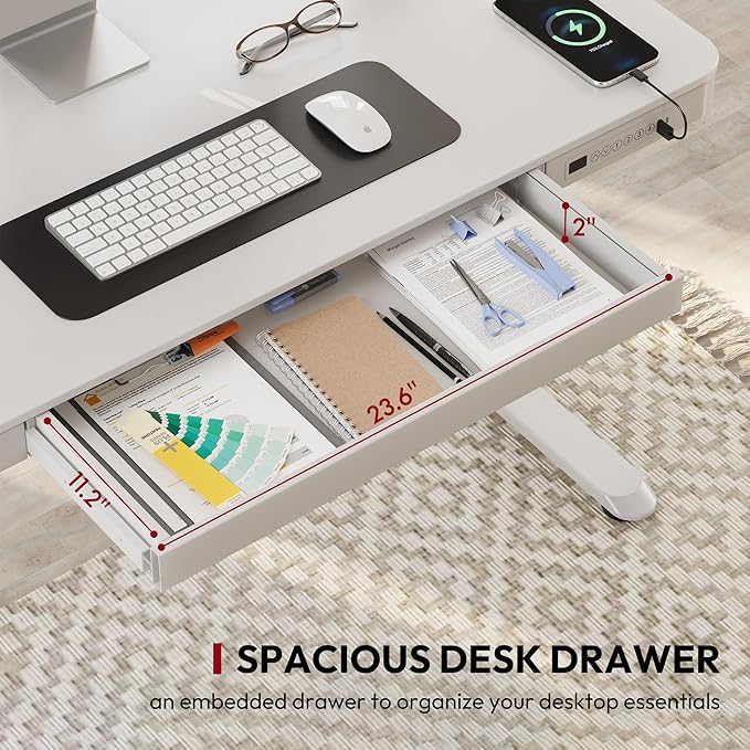 Standing Desk with Drawer, Electric Height Adjustable Home Office Desk with Storage & USB Ports, 55 inch White Wood Tabletop/White Frame