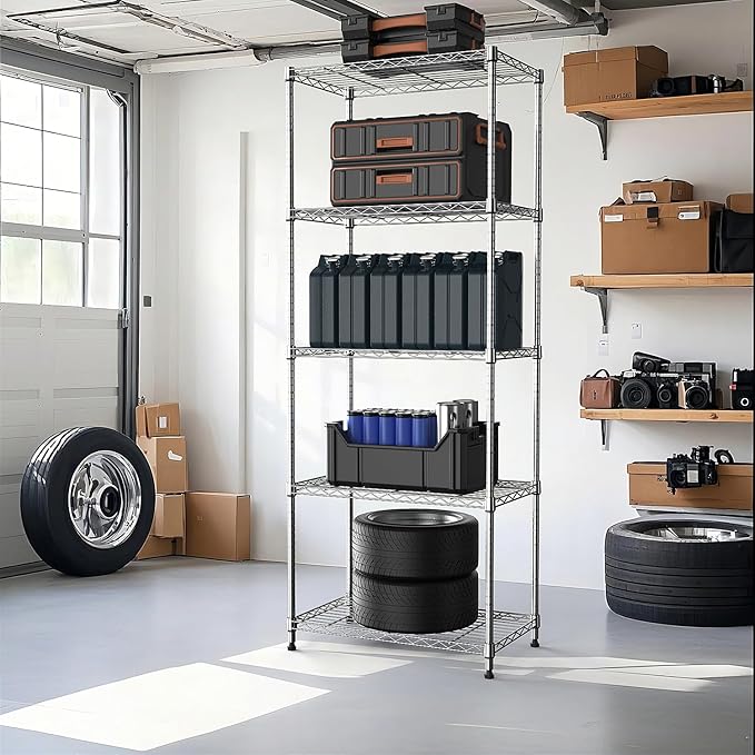 M MZG 1250 lbs 5 Tier Shelf Metal Storage Shelves Wire Rack Closet Organizers with Wheel for Garage Kitchen Bathroom Laundry Chrome 13.7" D x 23.6" W x 62.4" H