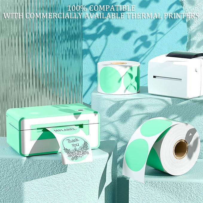 MFLABEL 2" 750 Labels Green Circle Direct Thermal Stickers Labels Roll Compatible with Zebra, Rollo, MUNBYN, Self-Adhesive Round Direct Thermal Labels