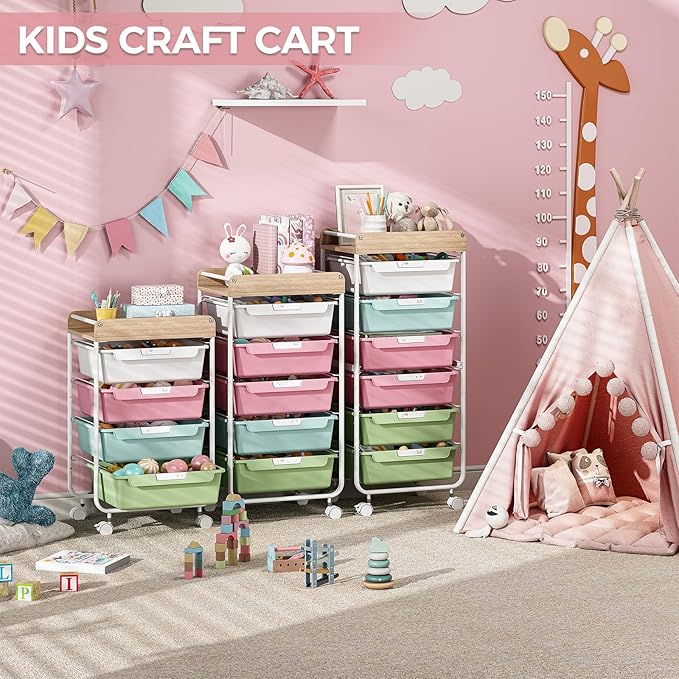 Rolling Storage Utility Cart With 5 Drawers,Craft Cart with Wheels,Makeup Organizer,Art Supply And Storage Wooden Tabletop,Rainbow