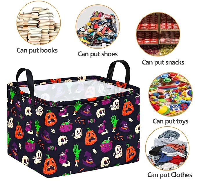 FUULOXE Halloween Ghost Storage Basket with Handles Pumpkin Open Gifts&Candy Spooky Basket stuffers for Kids Baby Collapsible Women Organizer Bins Toys Boxes for Shelves Home Office