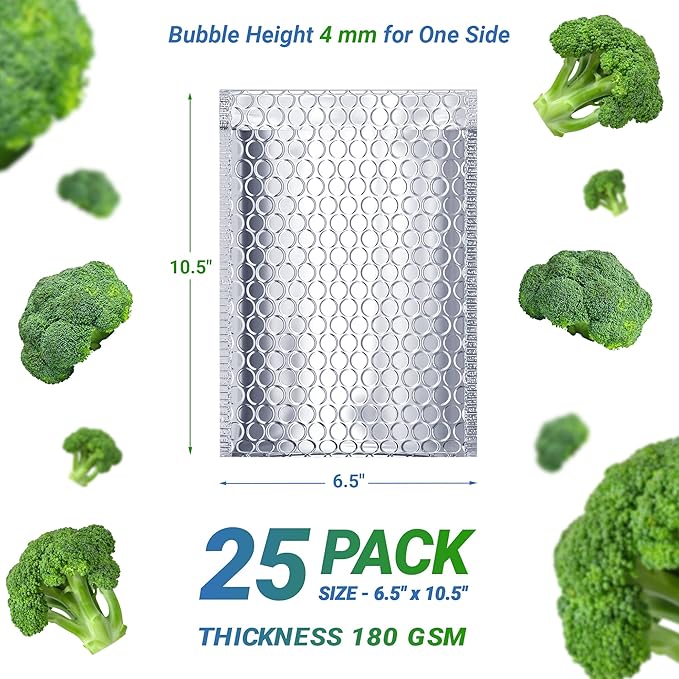 Amiff Silver Thermal Bubble Mailer, 6.5 x 10.5 Inches. 25 Pack Metallic Bubble Mailers. Self-Seal Insulated Mailers for Cold Shipping. Padded Envelopes Waterproof. Thermal Bag for Food, Cosmetics