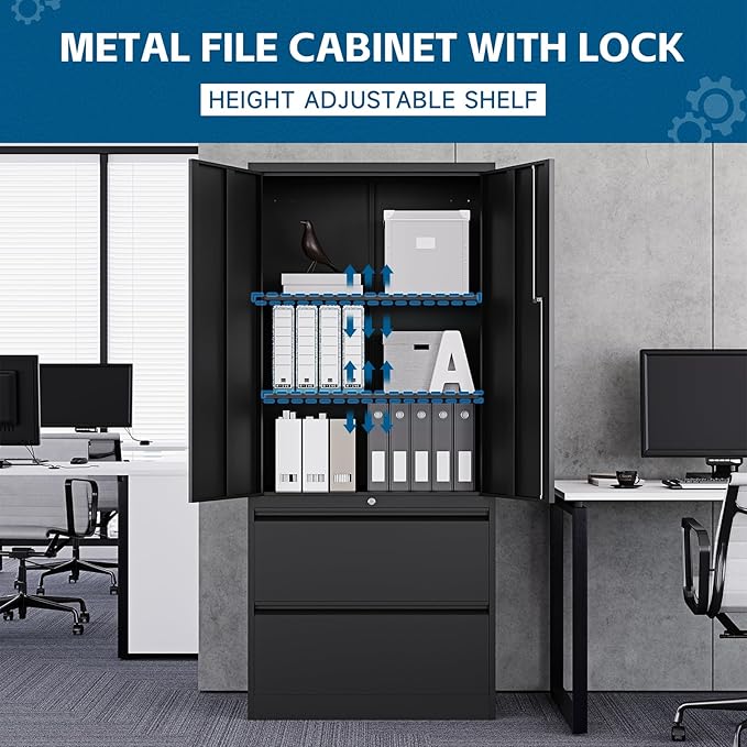 PEUKC 2-Drawer Metal File Cabinet, Lateral Vertical Filing Cabinets for Home Office, Locking File Cabinet with Storage Shelves, Legal/Letter/A4 Size Office File Cabinets (Black, Assemble Required)