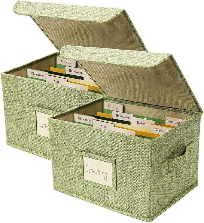 Vienrose Greeting Card Organizer Storage Box with 20 Removable Dividers, 84 Self-stick Labels, Perfect for Photos, Envelopes, Scrapbooking, Paper, Stickers Holder 2 Pack Grass Green