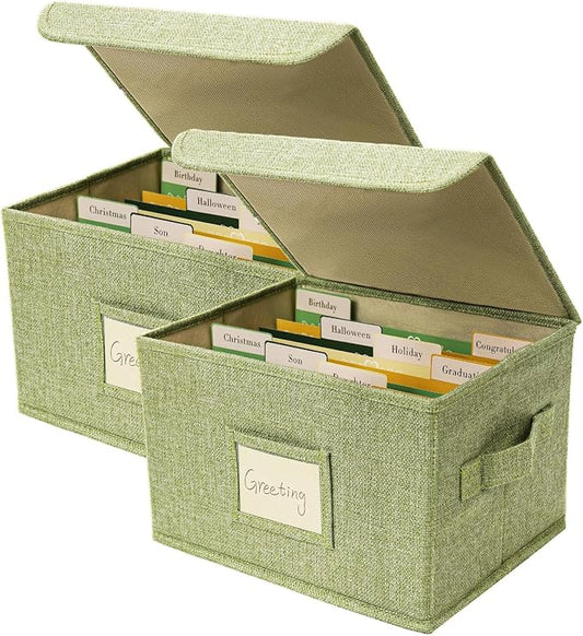 Vienrose Greeting Card Organizer Storage Box with 20 Removable Dividers, 84 Self-stick Labels, Perfect for Photos, Envelopes, Scrapbooking, Paper, Stickers Holder 2 Pack Grass Green
