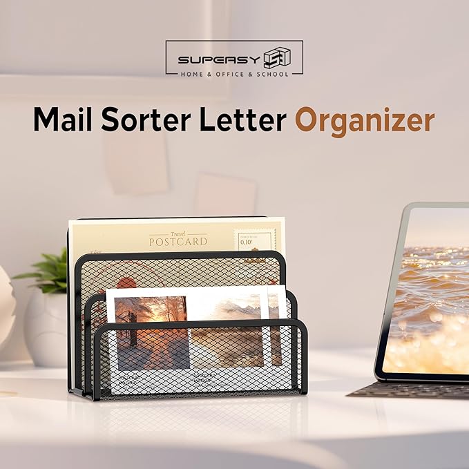 SUPEASY Mail Organizer for Desk, Mesh Metal Mail Holder Countertop with 3-Slot, Letter Sorter File Holder, Office Envelope Organizer for Mails (Black)
