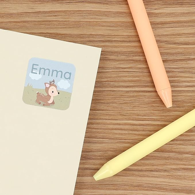 Large Name Labels for Kids (33) - Custom Stickers for Daycare and School Supplies - Durable, Waterproof Stickers for Water Bottles, Lunch Boxes, and More with Unique Designs - Deer