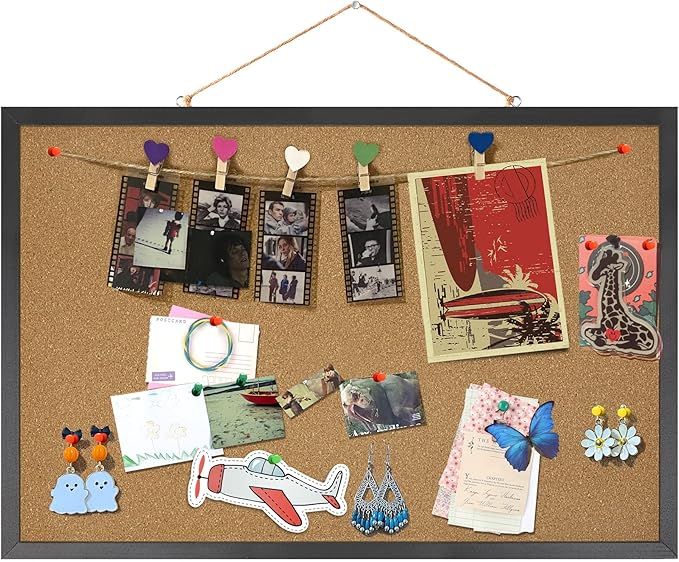 FEBSNOW Cork Board Bulletin Board 23 x 15.7Inches with Rectangle Black Frame Hanging Pin for Walls Office Message Board or Vision Board Decoration