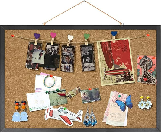 FEBSNOW Cork Board Bulletin Board 23 x 15.7Inches with Rectangle Black Frame Hanging Pin for Walls Office Message Board or Vision Board Decoration