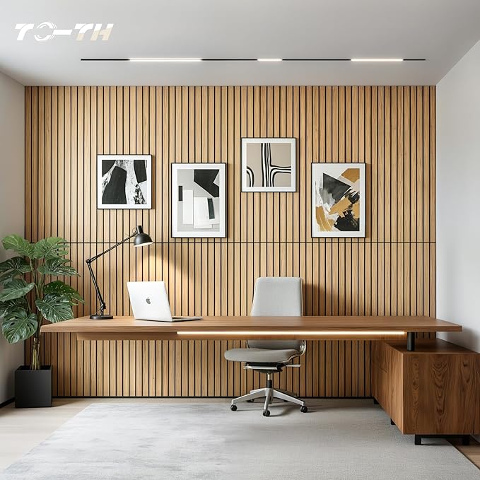 TO-TH Wood-Look Acoustic Wall Panels, 10 Pack 47.2” x 23.6” Sound Panels, Decorative Wood Panels for Wall Sound Dampening Panels for Home, Office, Basement, Teak with Mitered Edges