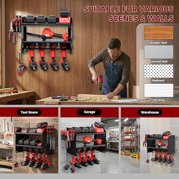 Power Tool Organizer Wall Mount with Charging Station, Heavy Duty 3 Layer Garage Tool Storage with 4 Cordless Drill Holder 8 Outlet Power Strip, Gift for Men Husband Dad Birthday Anniversary black