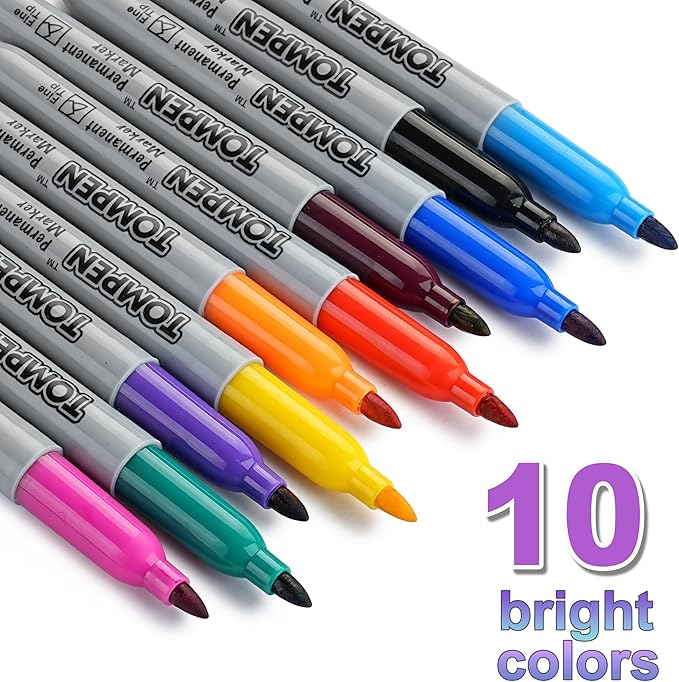 TOMPEN Permanent Markers Fine Tip 100 Pack Bulk,10 Assorted Colors,Waterproof Permanent Marker with Quick Drying on Valentine's Day card,Wood,Plastic,Paper,Metal,Mirror for Office School Classroom