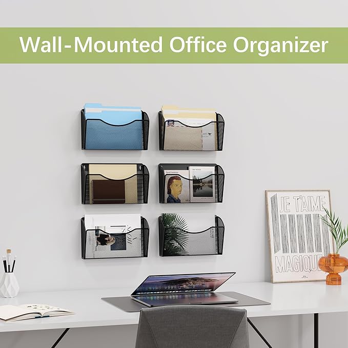EasyPAG 6 Single Pocket Wall File Organizer, Mesh Hanging File Folder Organizer for Letter/A4 Size Folders, Wall Mounted Vertical Mail Holder for Paperwork, Office, Home, School, Black