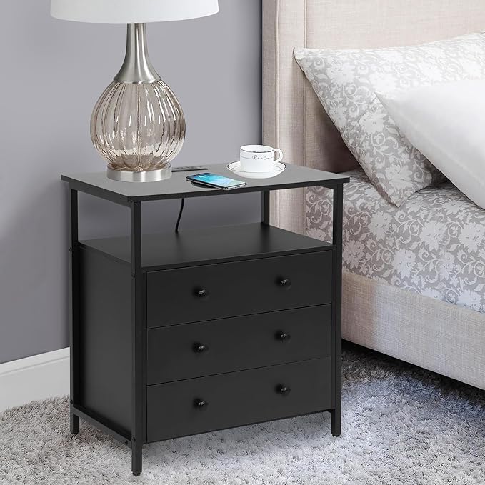 Edbuosy 3 Wooden Drawers Nightstand, 27 Inch Wide Night Stand Set 2 with Charging Station and Adjustable Drawers, Small Dresser for Closet, Bedside Table for Living Room/Bedroom/Office, Black.