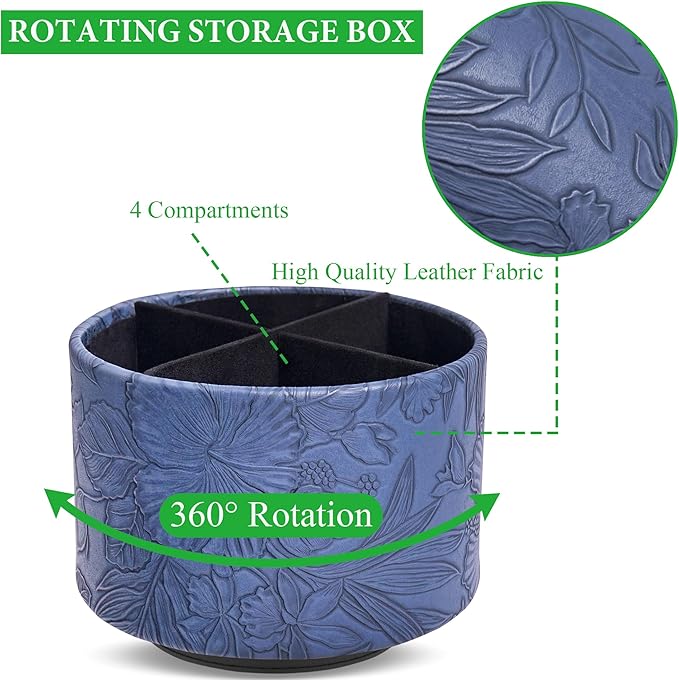 Hennaja Round Leather Art Supply Organizer,Remote Control Holder,360 Degree Spinning,Multi-Functional Pencil Holder,4 Compartments Desktop Stationary Organizer(1-Carved Blue)