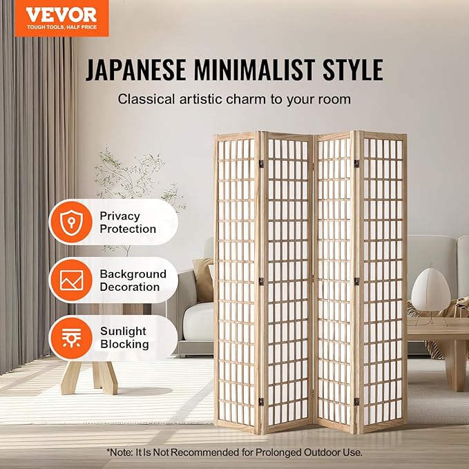 VEVOR Room Divider, 4 Panel Japanese Room Divider, Folding Privacy Screen Indoor, Portable Partition Dividers and Decoration Screens, for Room Separation, Home, Office, Restaurant & Bedroom (Natural)