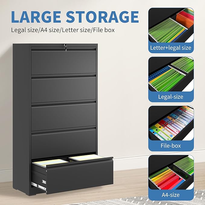 FLIXELIO 5 Drawer File Cabinets,Metal Office Storage Filing Cabinet with Lock, Lateral Filing Cabinet for Home Office, Horizontal Locking File Cabinet for Legal/Letter/A4, Assembly Required, Black