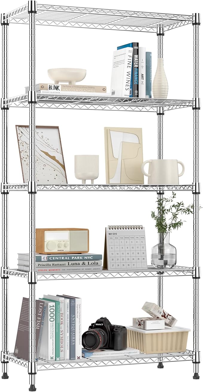 M MZG 1250 lbs 5 Tier Shelf Metal Storage Shelves Shelving Wire Rack Heavy Duty Closet Organizers for Garage Kitchen Bathroom Laundry Chrome 13.8" D x 29.5" W x 59.5" H