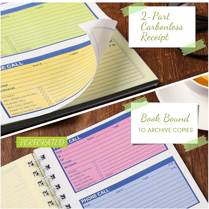 Sinmoe 1 Pcs Spiral Bound Phone Message Book with Carbon Copy 5-1/2" x 11" 2 Part Colorful Carbonless Telephone Message Pads Duplicate Spiral Phone Call Log Book for Business Office (Green,Blue)