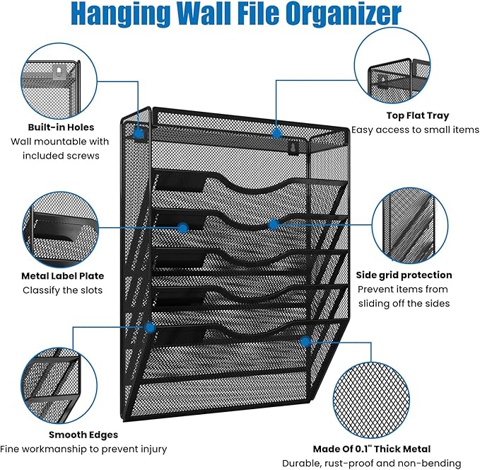 KZWKRG 6 Tier Wall File Organizer Hanging Vertical File Organizer, Wall Mounted Mail Paper Document Folder Holder, Mesh Magazine Rack Mail Document Organizer for Office School Home(Black)