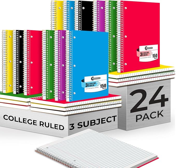 Rosmonde 24 Pack 3 Subject Spiral Notebook College Ruled Bulk, Thick Paper, Extra Pages - 300 Pages (150 Sheets), 8 x 10-1/2", Bulk Spiral Journal for School, 3 Hole Punched, Bulk Subject Notebooks