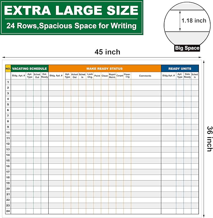 Extra Large Property Management Make Ready White Board,36X45 Inch Big Dry Erase Apartment Make Ready Checklist Schedule Board,Maintenance Status Tracker Tool for Real Estate Manager