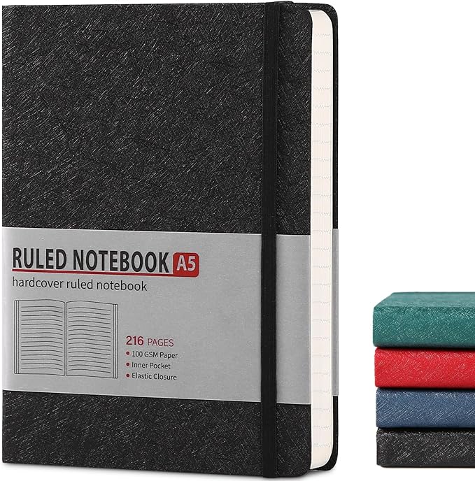 TSFPapier Lined Journal Notebook for Women Men 216 Pages A5 Hardcover Journals for Writing Daily Journaling Notebook for Work, School, Note Taking, Business, Travel Black